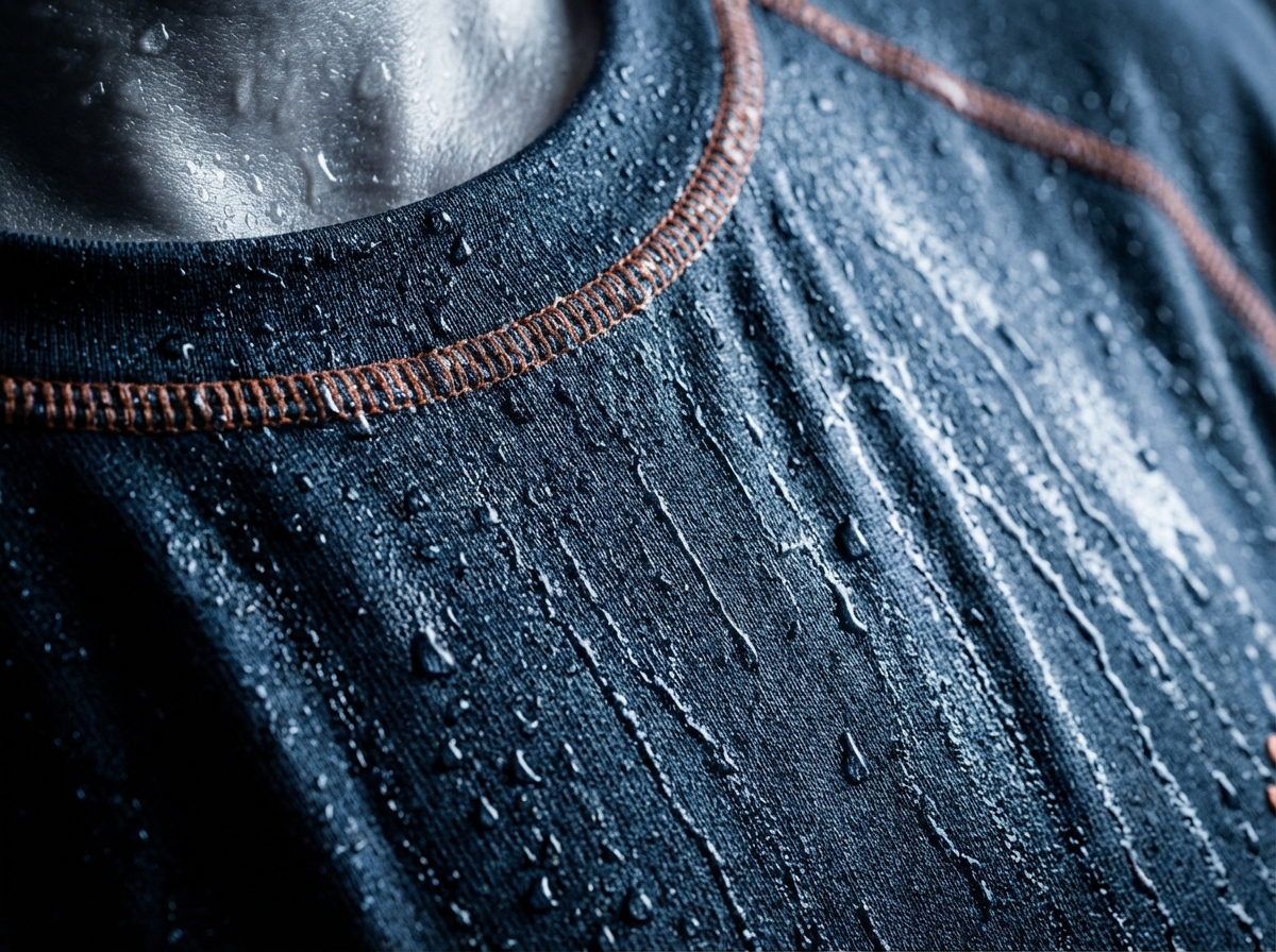 Close-up of moisture beading on performance base layer fabric