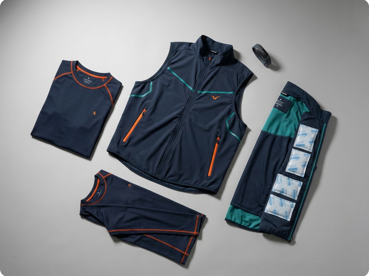 Editorial flat lay of ThermaSync temperature-regulation products on grey surface