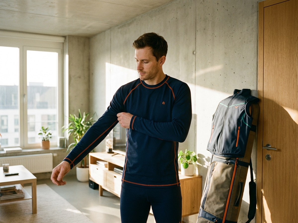 Athletic male putting on ThermaSync base layer in minimalist apartment at morning