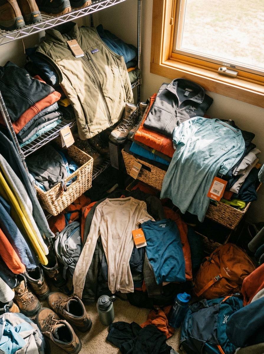 Overstuffed closet full of performance base layers from every major outdoor brand